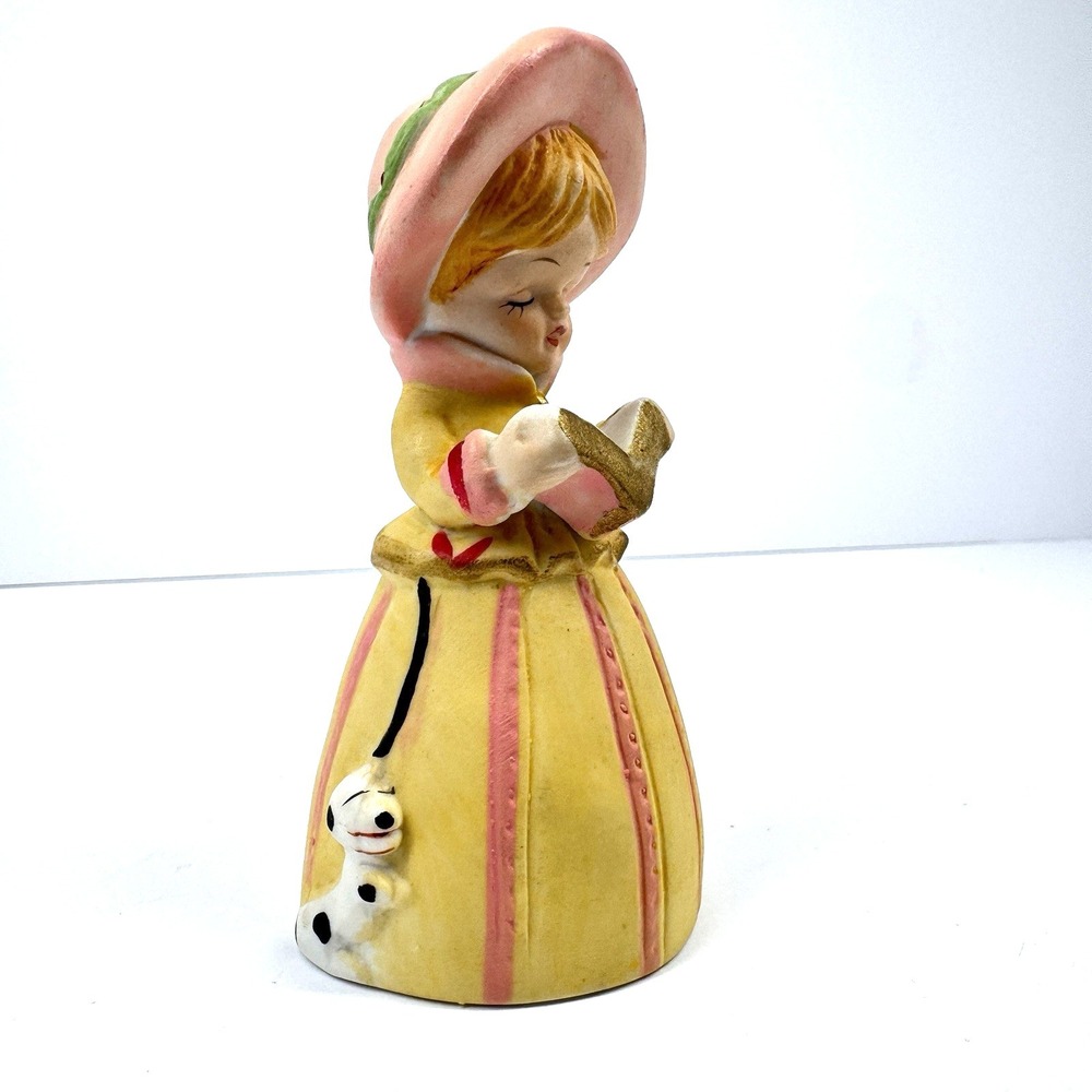 1978‎ Jasco Girl Bell Figurine Yellow Dress Pink Hat Ceramic Japan